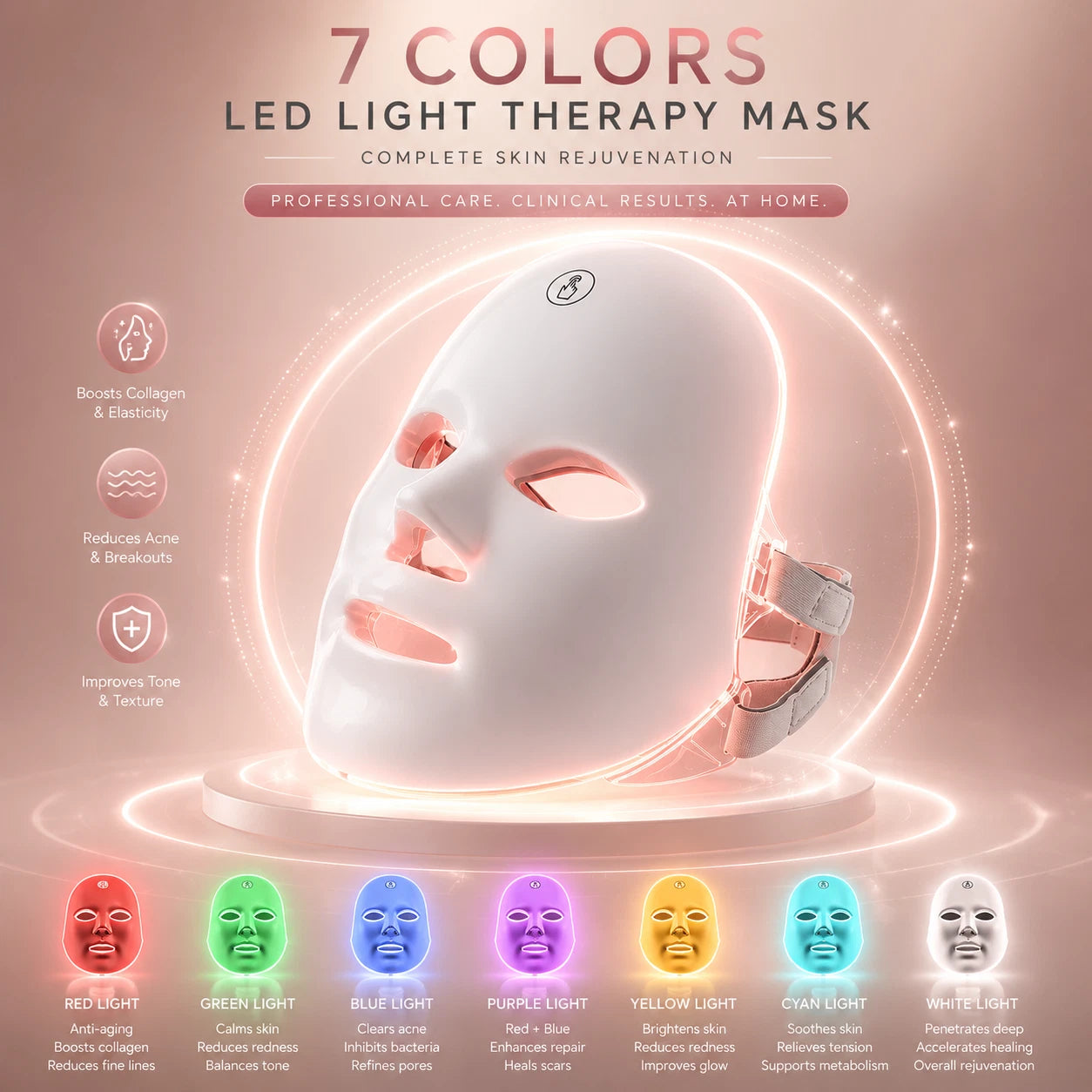 Auveni LED face mask worn on model showing red light glow